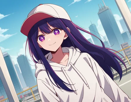 score_9, score_8_up, score_7_up, source_anime,
aihoshino, <lora:ai-hoshino-s1-ponyxl-lora-nochekaiser:1>,
ai hoshino, long hair, bangs, purple eyes, purple hair, symbol-shaped pupils,
hood, hoodie, hood down, long sleeves, white hoodie, hat, baseball cap,
cityscape, street, smile,
looking at viewer, cowboy shot, dutch angle, solo,