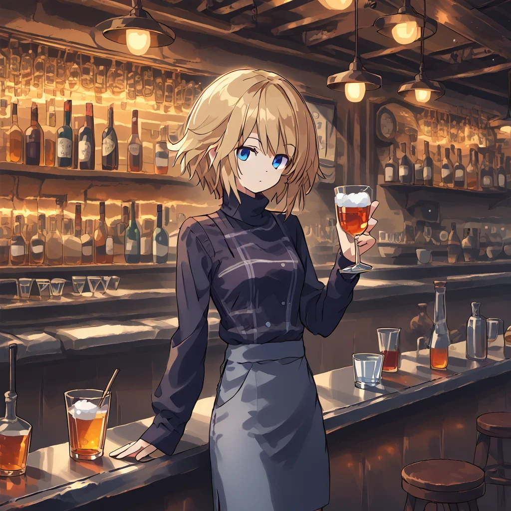 solo
<lora:Urotsuki:1> short hair, skirt, blonde hair, long sleeves, turtleneck, blue eyes
<lora:Speakeasy__Jazz_Bar:0.8> Sp3akeasy, Bar (place), bottle, drinking glass, indoors, bartender, alcohol