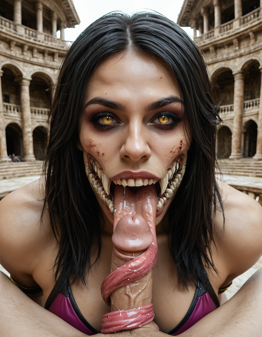 1girl, mileena_(mortal_kombat), solo, long tongue, very long tongue, wide mouth, no cheeks, sharp teeth, pov crotch, penis, saliva, tonguejob, fellatio, looking at viewer, slit pupils BREAK bloody mouth, upper body, roman coliseum, realistic, absolutely eye-catching, ambient occlusion, raytracing, masterpiece, best quality, absurdres