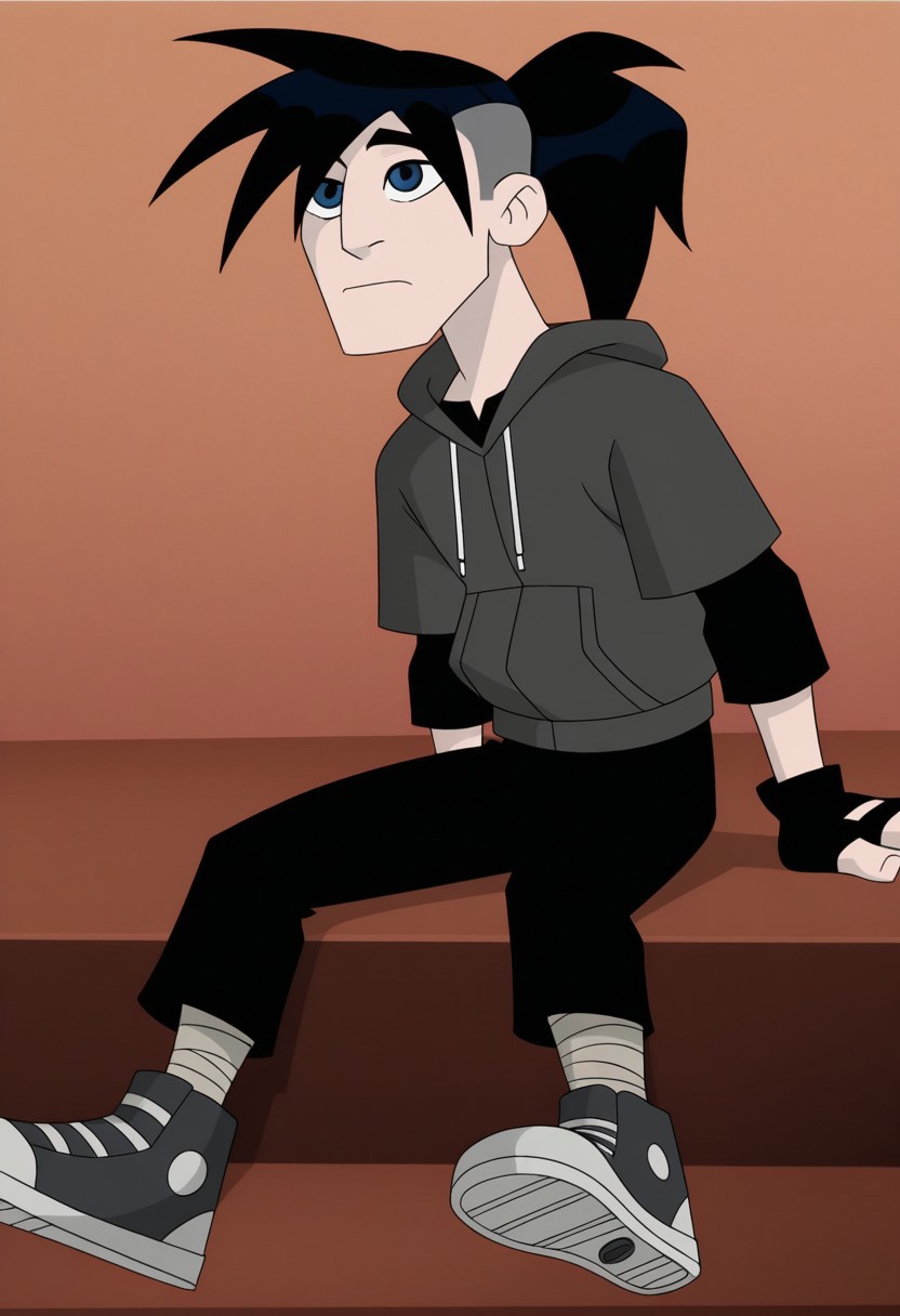 score_9, score_8_up, score_7_up, LevinDevlin, 2D animated, cartoon style 1boy, solo, Male, spiky hair with a ponytail, black hair, undercut, light skin, blue eyes, thin eyebrows, small nose, thin body, black long-sleeve shirt, gray short-sleeve, hoodie with white drawstrings, black pants, beige knee bandage, black and gray high-top sneakers, white soles, black fingerless gloves, embarassed