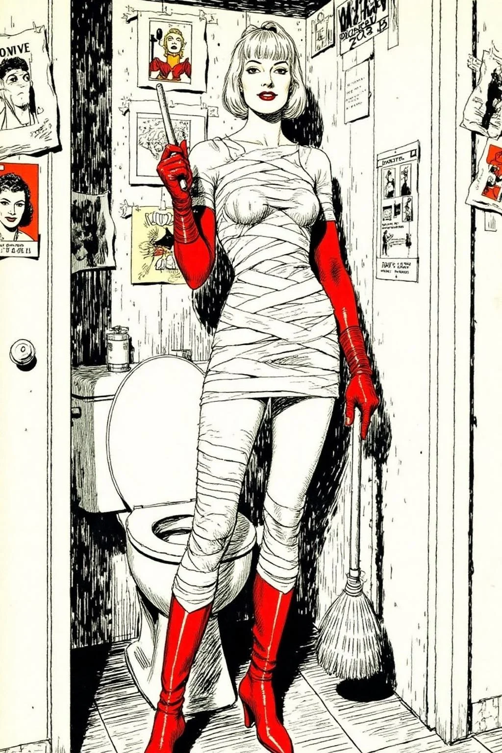 alexray1 drawing
A slim Swedish woman stands confidently in a small, dingy restroom. She platinum blonde bob haircut and a fringe bangs. She is wrapped in rolls of white bandages like a mini dress, and wear bright red rubber gloves and matching boots. She holds a large toilet brush with a playful smile, juxtaposing glamour with an unexpected setting. The surrounding walls, adorned with worn posters, add a gritty, urban edge to the surreal, fashion-forward scene.
<lora:alexray1_nocap_d6a3:1.0><lora:815502513269828761:0>