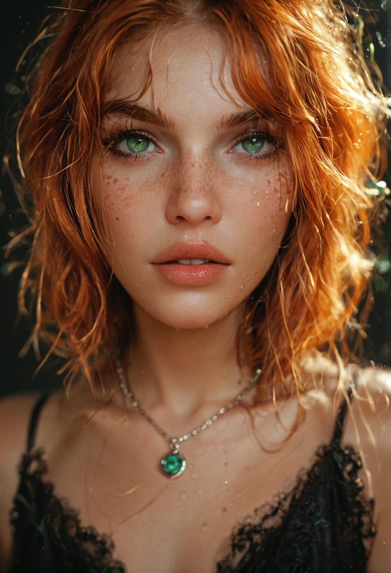 score_9, score_8_up, score_7_up, score_6_up, cute, sexy, 1girl, ginger, freckles, portrait, <lora:1dkXLP:1> 1dk, full body, luxury necklace, neon green tear, backlighting, neon black background, fashion pose, photorealistic