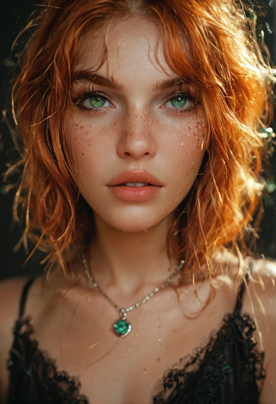 score_9, score_8_up, score_7_up, score_6_up, cute, sexy, 1girl, ginger, freckles, portrait, <lora:1dkXLP:1> 1dk, full body, luxury necklace, neon green tear, backlighting, neon black background, fashion pose, photorealistic