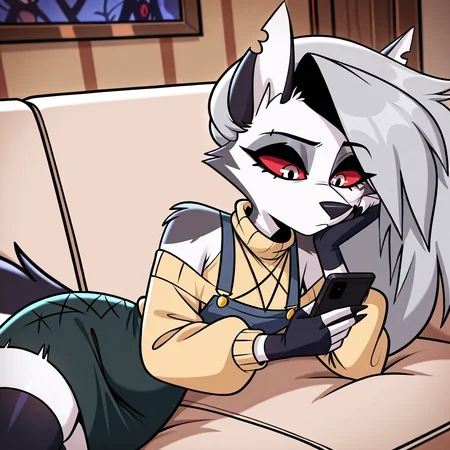 A girl is lying down on a sofa. She is bored looking at her phone, while resting her cheek on her hand.
the overall style of the illustration is cartoon-inspired. 
Indoors background, Bedroom background, bored, looking at phone, tired,
1girl, solo, red eyes, Loona, Loona \(Helluva Boss\), anthro, furry,
fingerless gloves, thigh highs, ((yellow sweater, green skirt)),
masterpiece, general.
 <lora:LoonaHuman_Loona_Illustrious_Helluva_Boss:1>