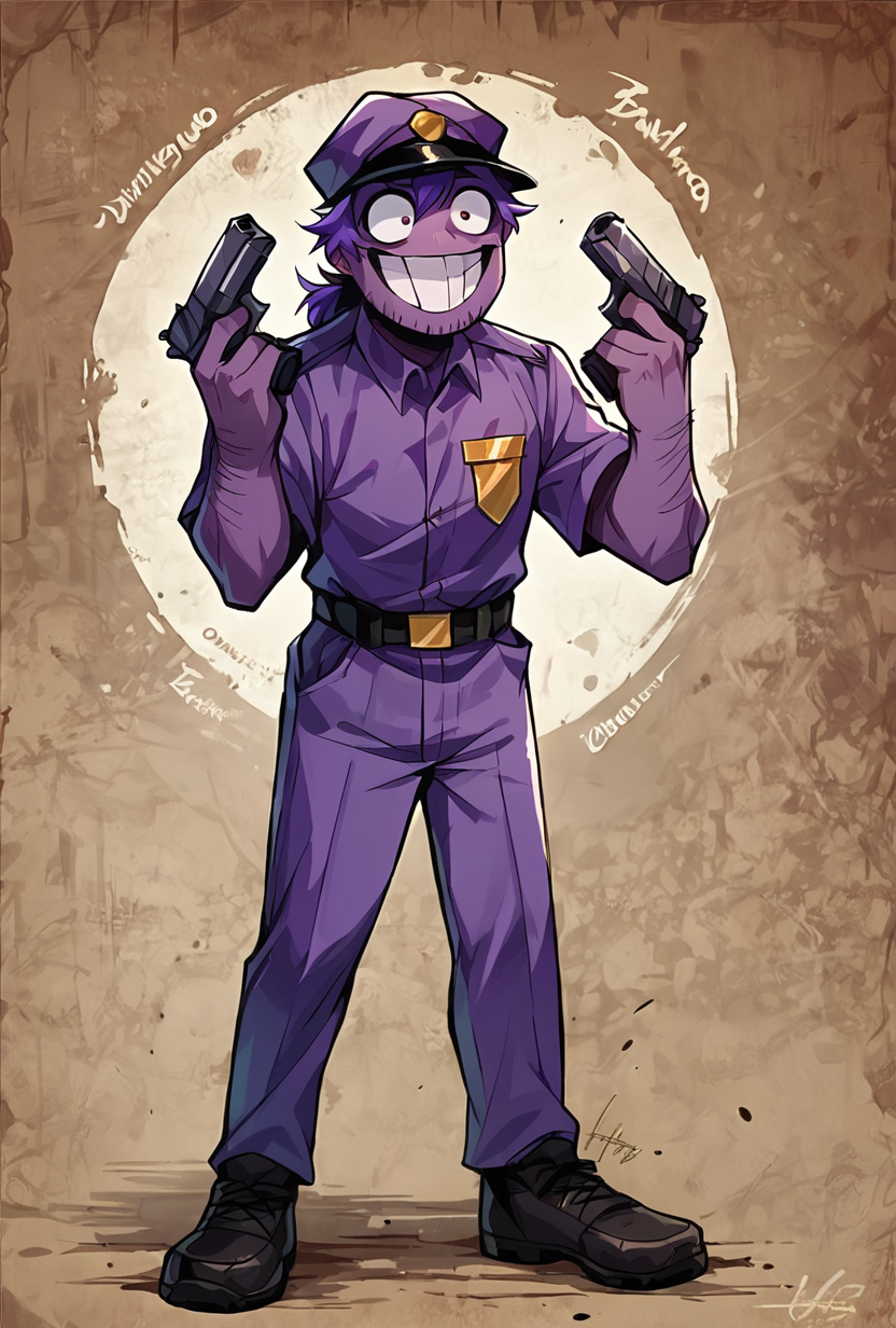 score_9, score_8_up, score_7_up,,  good quality ,, character focus, solo,, best quality , detailed background,  <lora:vincent-08:1> vincent, purple hat, purple uniform, 1boy, smile, grin, purple skin, purple hair, ponytail, full body,  <lora:DanielRadcliffeHoldingTwoGunsMeme_pdxl_Incrs_v1:1> handgun, holding gun, holding weapon, dual wielding, finger on trigger, smile, grin, crazy eyes