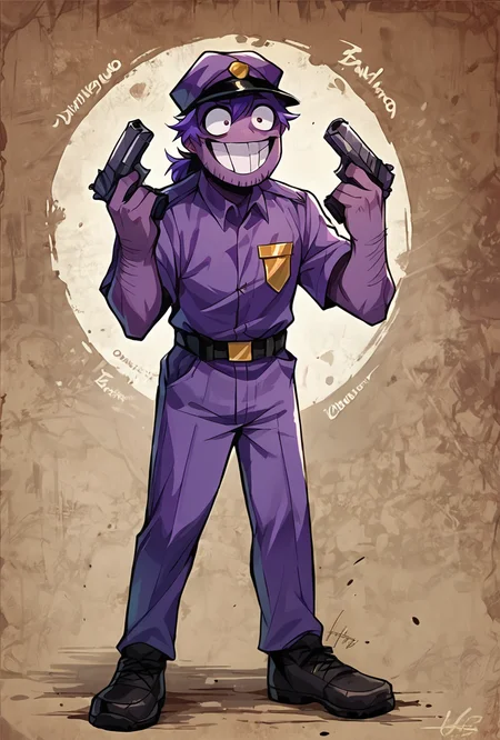 score_9, score_8_up, score_7_up,, good quality ,, character focus, solo,, best quality , detailed background, <lora:vincent-08:1> vincent, purple hat, purple uniform, 1boy, smile, grin, purple skin, purple hair, ponytail, full body, <lora:DanielRadcliffeHoldingTwoGunsMeme_pdxl_Incrs_v1:1> handgun, holding gun, holding weapon, dual wielding, finger on trigger, smile, grin, crazy eyes