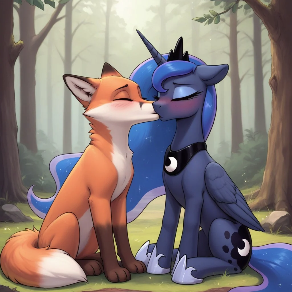 score_9, score_8_up, score_7_up, score_6_up, pony, alicorn, feral, mare, (fox:1.2), duo male and female, (princess luna), no breasts, forest, outdoors, (evening), tail, photo_realistic, blushing female, anatomically correct, kissing, closed eyes, sitting, upper body
