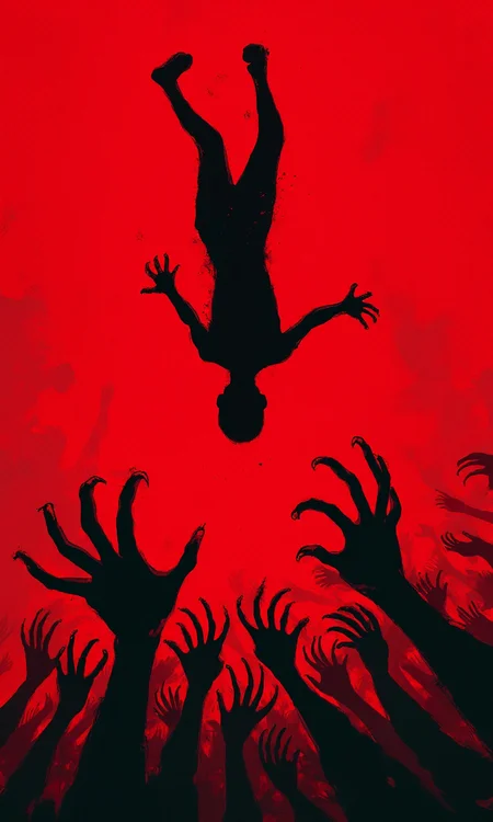 A vertical full shot shows a stylized scene rendered in a bold, graphic style using a red and black color scheme. The image features a dark, almost black, humanoid figure falling from the top of the frame towards a mass of clawing black hands reaching up from the bottom. The falling figure is small and appears to be falling headfirst, with its limbs slightly splayed. This figure is positioned centrally, creating a vertical axis to the image. The body pose is limp and falling, with the head down and arms spread out suggesting a helpless state. The mass of hands is positioned at the bottom of the frame and appears to be attempting to grab or pull the falling figure. The hands are all rendered in a similar manner, each having long fingers with sharp, clawed tips. They're rendered in solid black. The shapes are simple and sharp, with the figure resembling a silhouette. The hands are also clearly defined silhouettes. The image has a solid red background that is a deep, intense red, with some slightly lighter and darker variations in intensity throughout the frame. The lighting is dramatic and simple; the lack of detailed shading or gradients only further enhances the graphic quality of the piece. The juxtaposition of the falling figure and the mass of grasping hands creates a powerful and visually striking contrast. The bright, intense red background accentuates this contrast, emphasizing the scene's dramatic and possibly horrific nature., <lora:FLUX-daubrez-DB4RZ-v2:0.5> DB4RZ, DB4RZ style painting
<lora:realcartoon3d-flux_v2:0.5> realcartoon