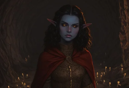 safe_pos, solo, short pointy ears, piercings, nord woman, random elf face, aquiline features, dark elf, weathered skin, large nose, animated realism, zoomed out, Syrian features, torso, subterranean, glowing mushrooms, mushroom forest, cave enviroment, large cavern, gloomy lighting, ancient ruins, interior, dark soil floor ,grey-blue skin, scarlet and gold clothes, medium armor, bone plate armor, ivory straps and fittings, grey wood neckguard, dark red sclera, black pupils, distant mushroom forest, blue-green light, neon, highly detailed, defined features, looking at viewer, three quarters view, from above, dynamic lighting, 36 years old, light and shadows, patterned cloth, determined expression, expressive eyes, detailed medieval clothes, medium_breasts, medium hair, wavy hair, thick hair, beaded hair, braided hair, under cut hair, semirealistic, alien elf, spanish features, jewish features, black hair, dark red hair, umber skin, sharp features, red persian print cloak, nighttime, high detail, absurdres, pretty eyes, detailed eyes, yellow eyes,