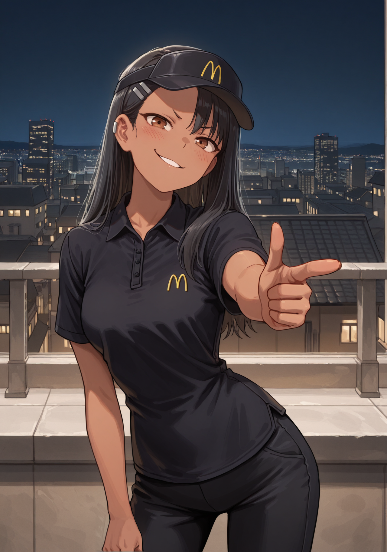 masterpiece, best quality, 1girl, solo, dark skin, long hair, black hair, asymmetrical bangs, hairclip, earclip, McUniform, black shirt, employee uniform, polo shirt, visor cap, outdoors, rooftop, cityscape, building, contrapposto, legs apart, standing, head tilt, brown eyes, black pants, night, night sky, looking at viewer, city lights, scenery, cowboy shot, finger gun, pointing at viewer, pointing, v-shaped eyebrows, smirk, parted lips