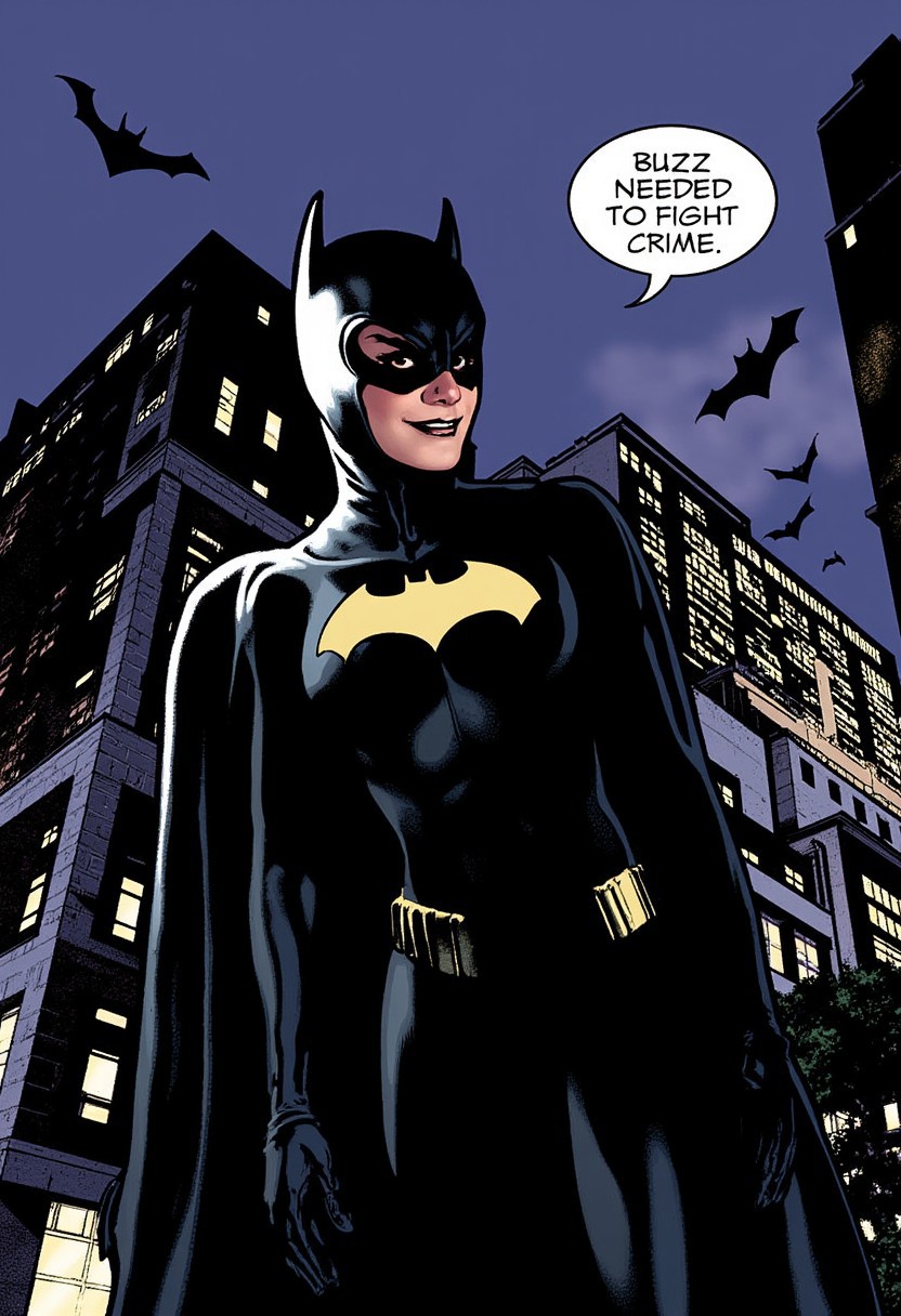 Batgirl, Adamhughesstyle, full length shot, night in Gotham City, word balloon reads "Buzz needed to fight crime.", wry smile, bat signal in the sky in the background