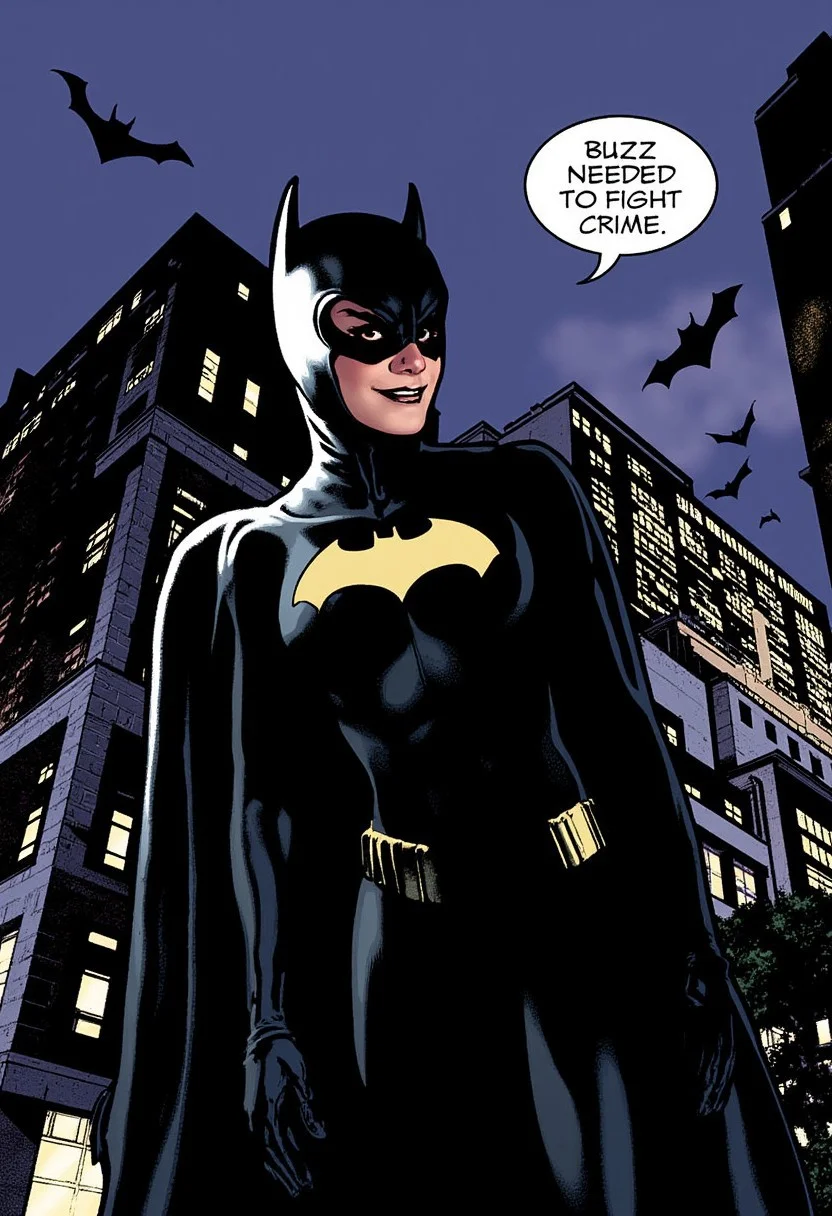 Batgirl, Adamhughesstyle, full length shot, night in Gotham City, word balloon reads "Buzz needed to fight crime.", wry smile, bat signal in the sky in the background
