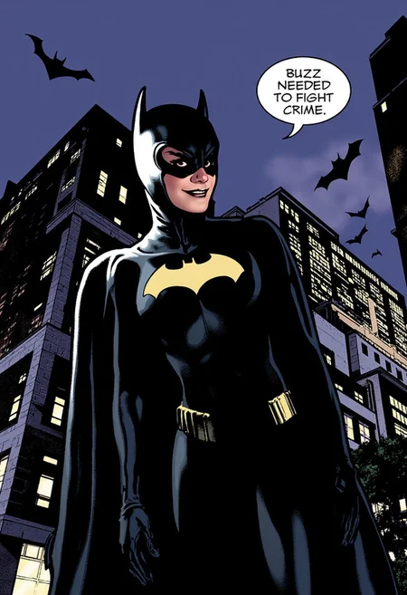 Batgirl, Adamhughesstyle, full length shot, night in Gotham City, word balloon reads "Buzz needed to fight crime.", wry smile, bat signal in the sky in the background