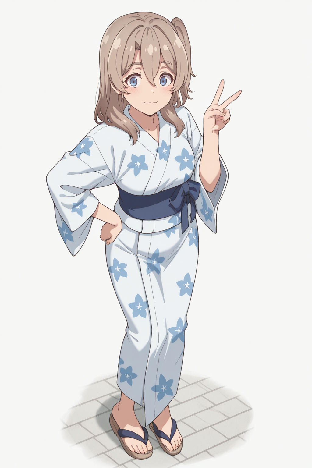 masterpiece, best quality, amazing quality, 1girl, s41t0um1n0, brown hair, long hair, blue eyes, one side up, hair between eyes, thick eyebrows, yukata, flowers print yukata, sandals, v, hand on own hip, aesthetic, white_background, full_body, standing
