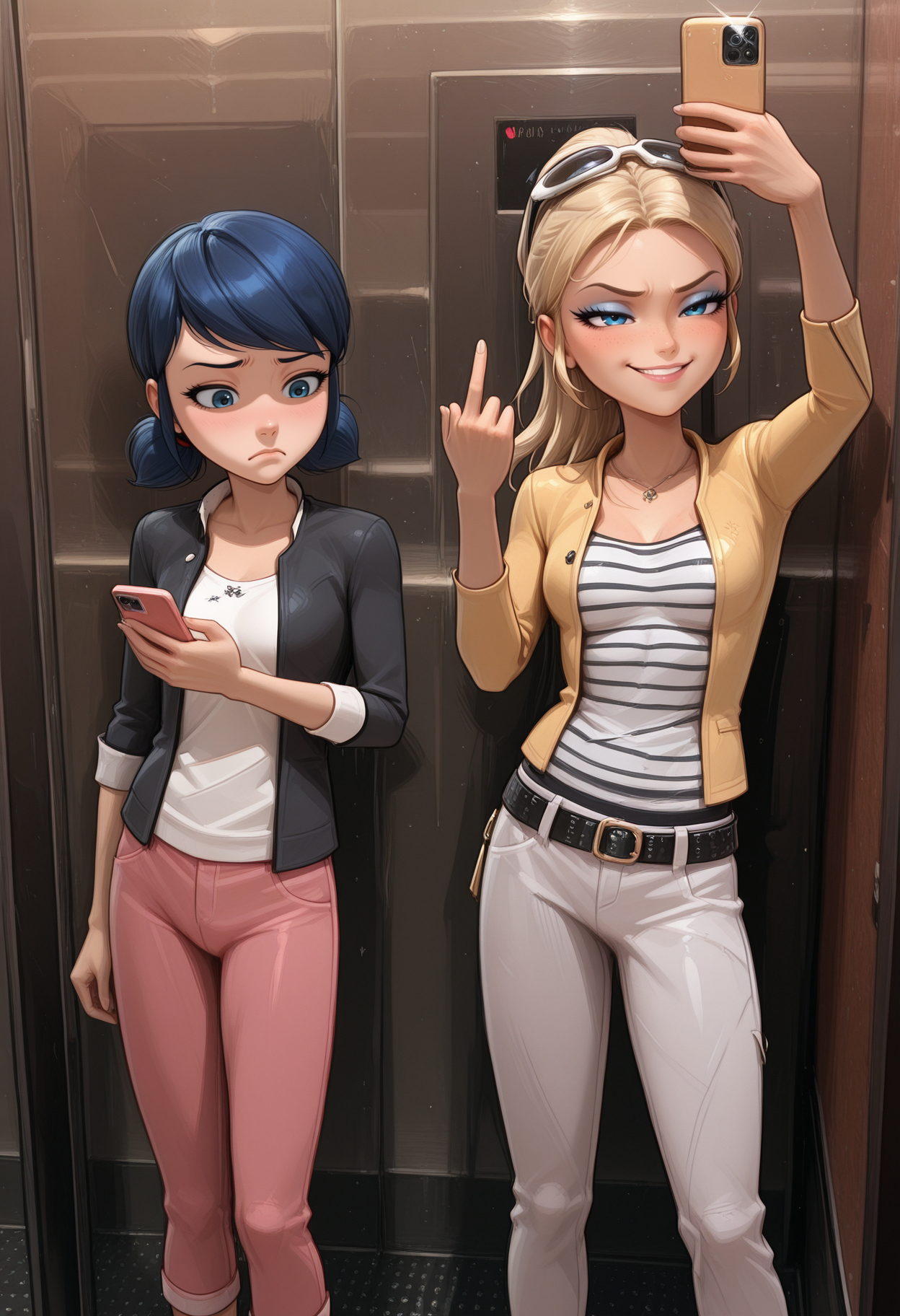 selfie, elevator, (middle finger:1.2), cellphone, holding phone, 
2girls, 
<lora:Elevator-Selfie-Meme-ILL_Freckledvixon_v1:0.8>,

/n
imtdmarinetteillus, blue eyes, blue hair, twintails, short twintails, hair bun, low twintails, short hair, swept bangs, double bun,
white shirt, floral pattern on shirt, pants, black jacket, pink pants, capri pants, polka dot sleeves rolled up,
looking at phone, holding phone, 
<lora:Marinette-Dupain-Cheng-ML-ILL_ShutUpImTired_v1:0.7>,

/n
imtdchloe, blonde hair, blue eyes, ponytail, long hair, eyeshadow, eyelashes, makeup, medium breast, 
smile,
(middle finger), holding phone, arm up, selfie,
eyewear on head, sunglasses, striped shirt, black stripes, white pants, yellow jacket, belt, necklace, earrings,
<lora:Chloe-Bourgeois-ML-ILL_ShutUpImTired_v1:0.7>,
<lora:Middle-Finger-ILL_Nochekaiser_v1:1>,