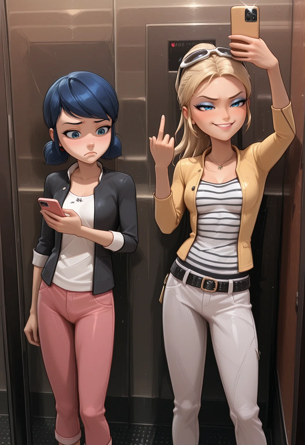 selfie, elevator, (middle finger:1.2), cellphone, holding phone,
2girls,
<lora:Elevator-Selfie-Meme-ILL_Freckledvixon_v1:0.8>,
/n
imtdmarinetteillus, blue eyes, blue hair, twintails, short twintails, hair bun, low twintails, short hair, swept bangs, double bun,
white shirt, floral pattern on shirt, pants, black jacket, pink pants, capri pants, polka dot sleeves rolled up,
looking at phone, holding phone,
<lora:Marinette-Dupain-Cheng-ML-ILL_ShutUpImTired_v1:0.7>,
/n
imtdchloe, blonde hair, blue eyes, ponytail, long hair, eyeshadow, eyelashes, makeup, medium breast,
smile,
(middle finger), holding phone, arm up, selfie,
eyewear on head, sunglasses, striped shirt, black stripes, white pants, yellow jacket, belt, necklace, earrings,
<lora:Chloe-Bourgeois-ML-ILL_ShutUpImTired_v1:0.7>,
<lora:Middle-Finger-ILL_Nochekaiser_v1:1>,