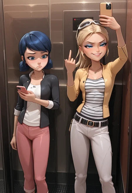selfie, elevator, (middle finger:1.2), cellphone, holding phone, 
2girls, 
<lora:Elevator-Selfie-Meme-ILL_Freckledvixon_v1:0.8>,

/n
imtdmarinetteillus, blue eyes, blue hair, twintails, short twintails, hair bun, low twintails, short hair, swept bangs, double bun,
white shirt, floral pattern on shirt, pants, black jacket, pink pants, capri pants, polka dot sleeves rolled up,
looking at phone, holding phone, 
<lora:Marinette-Dupain-Cheng-ML-ILL_ShutUpImTired_v1:0.7>,

/n
imtdchloe, blonde hair, blue eyes, ponytail, long hair, eyeshadow, eyelashes, makeup, medium breast, 
smile,
(middle finger), holding phone, arm up, selfie,
eyewear on head, sunglasses, striped shirt, black stripes, white pants, yellow jacket, belt, necklace, earrings,
<lora:Chloe-Bourgeois-ML-ILL_ShutUpImTired_v1:0.7>,
<lora:Middle-Finger-ILL_Nochekaiser_v1:1>,
