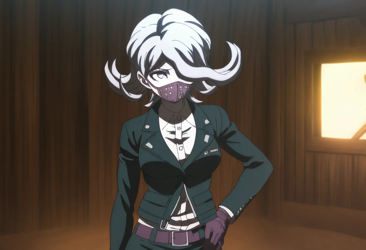 (((solo))), masterpiece, best quality, modern, modern anime, danganronpa_(series),<lora:Seiko_Kimura_Illustrious:1>, In the art style of Rui Komatsuzaki, artist: Rui Komatsuzaki, This anime screencap is from Danganronpa the Animation. . Seiko Kimura is wearing her future arc uniform. Seiko Kimura is a short woman with purple eyes and a sickly complexion. She has pale grey hair and a respirator mask covering her mouth. She wears a dark-colored jacket that's half open and connected in the middle. She has a small Future Foundation ID pinned to the lapel of her jacket. Under the jacket is a white dress shirt a dark pencil skirt held by a purple belt long black stockings and purple Mary Janes. She wears purple gloves with a single white stripe in the middle. During a sunny summer day in the Italian countryside, a person always looks at the viewer, a dreamy, nostalgic quality, The sun's rays filter through the trees, casting a warm glow over the entire scene, well lit, realistic scene lighting