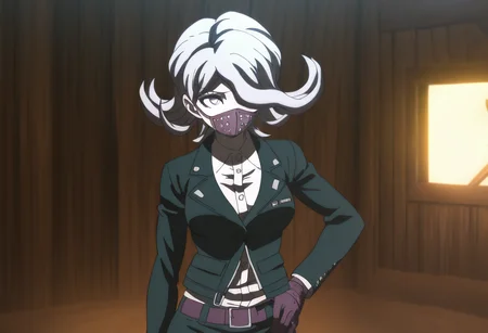 (((solo))), masterpiece, best quality, modern, modern anime, danganronpa_(series),<lora:Seiko_Kimura_Illustrious:1>, In the art style of Rui Komatsuzaki, artist: Rui Komatsuzaki, This anime screencap is from Danganronpa the Animation. . Seiko Kimura is wearing her future arc uniform. Seiko Kimura is a short woman with purple eyes and a sickly complexion. She has pale grey hair and a respirator mask covering her mouth. She wears a dark-colored jacket that's half open and connected in the middle. She has a small Future Foundation ID pinned to the lapel of her jacket. Under the jacket is a white dress shirt a dark pencil skirt held by a purple belt long black stockings and purple Mary Janes. She wears purple gloves with a single white stripe in the middle. During a sunny summer day in the Italian countryside, a person always looks at the viewer, a dreamy, nostalgic quality, The sun's rays filter through the trees, casting a warm glow over the entire scene, well lit, realistic scene lighting
