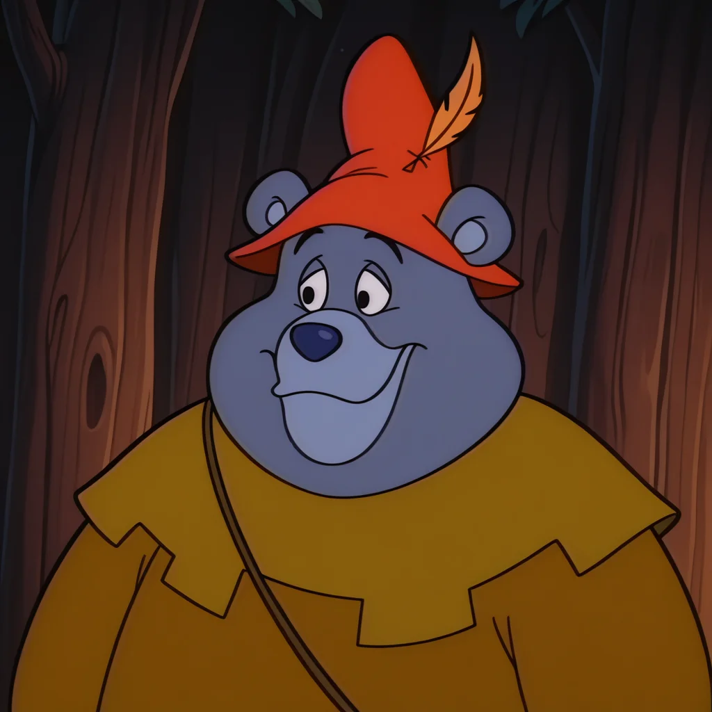 retro, toony, cartoon, highly detailed, tummigummixl, anthro, male focus, bear, brown tunic, red cap with feather, smile, 1boy, solo