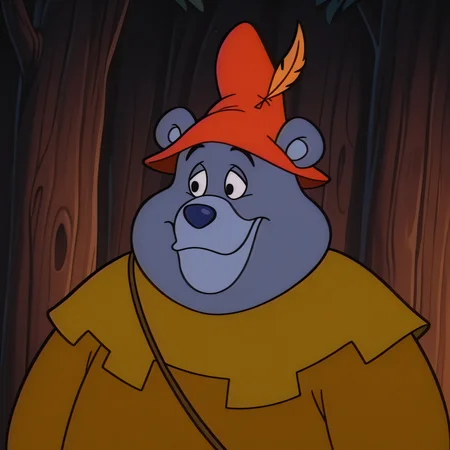 retro, toony, cartoon, highly detailed, tummigummixl, anthro, male focus, bear, brown tunic, red cap with feather, smile, 1boy, solo