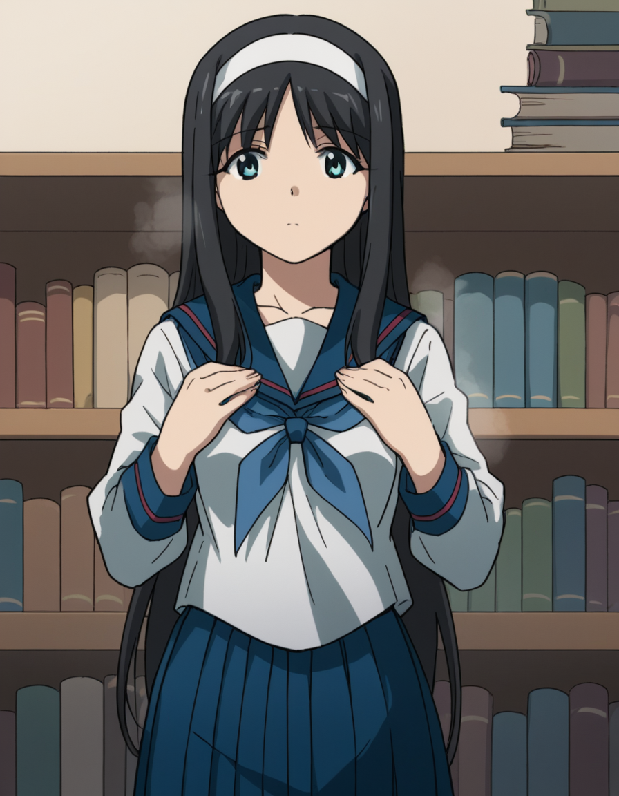 score_9, score_8_up, score_7_up, source_anime, <lora:carnivalphantasm-akiha-toono-ova-ponyxl-lora-nochekaiser:1>, akiha toono, tohno akiha, long hair, blue eyes, black hair, hairband, white hairband, medium breasts,, skirt, school uniform, serafuku, blue sailor collar, blue neckerchief, blue skirt, pleated skirt, long skirt, bookstore, browsing shelves, new book smell, finding a favorite, quiet atmosphere, , , hands on own chest,, solo,, dutch angle, cowboy shot