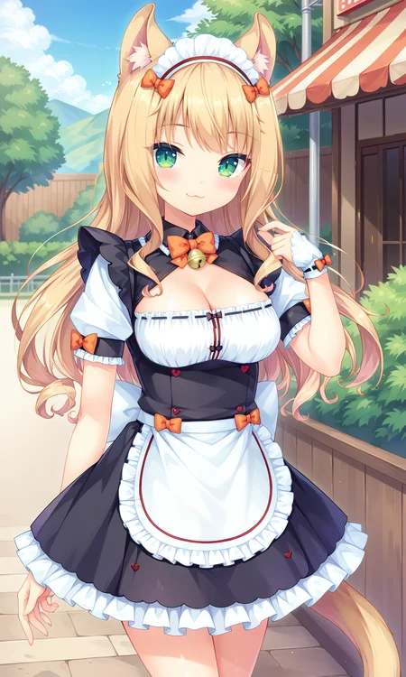score_9, score_8_up, score_7_up, score_6_up, score_5_up, score_4_up, black_maid_uniform, Maple, cleavage, looking_at_viewer, solo, medium_breasts, closed_mouth, blush, :3, smile, cat_ears, animal_ear_fluff, cat_tail, maid_headdress, orange_bowtie, neck_bell, cleavage_cutout, ribbon-trimmed_clothes, puffy_short_sleeves, wrist_cuffs, white_back_bow, miniskirt, white_apron, underbust, legs_together, waitress, hand_up, arm_at_side, standing, outdoors, <lora:Maple_V0.5(SDXL):0.8> <lora:hand 4:1>, Hand, detailed, perfect, perfection, hands,