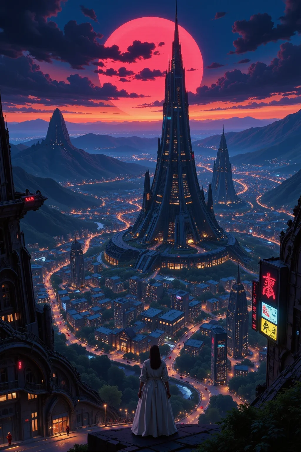 a futuristic sci-fi fantastic cyberpunk city beautiful  landscape, dusk, woman, very intricate, very detailed, sharp, bright, colorful, <lora:Hand v2:0.5> <lora:Anti-Blur:1><lora:Insane Detail Slider:0.25>  <lora:flux.1_lora_flyway_Epic-detail_v2:0.3> <lora:fluxenhancer:0.25> <lora:Anime_style:0.6> anime style