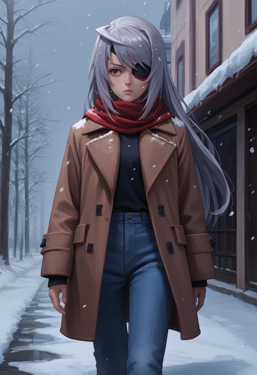 score_9, score_8_up, score_7_up, source_anime, solo, 1girl, laurab0dewig, expressionless, looking away, walking, grey hair, ahoge, red eyes, eyepatch, winter clothes, brown coat, jeans, scarf, snowing, outdoors <segment:yolo-face_yolov8m.pt>