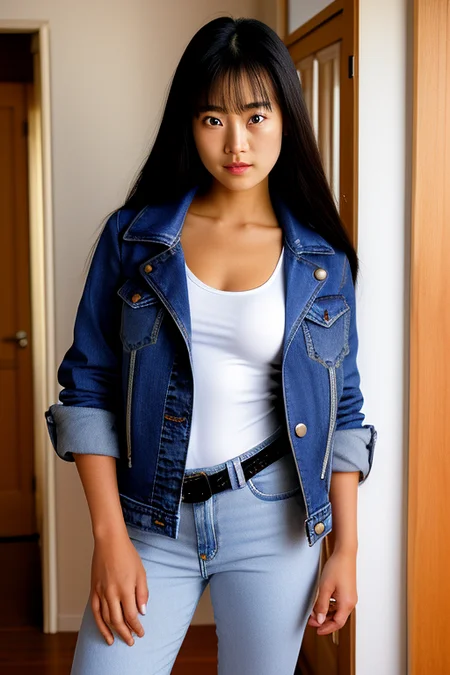 JPG4ls photo,, 1girl, solo, jpg4ls photo, asian, realistic, 1989, parted lips, long hair, hair between eyes, black hair, brown eyes, bangs, indoor, room, blue jacket, denim jacket, jewelry, medium breasts, , open shirt, spaghetti strap, white tank top, jeans, blue pants, standing, sneakers, looking at viewer, cowboy shot, portrait,