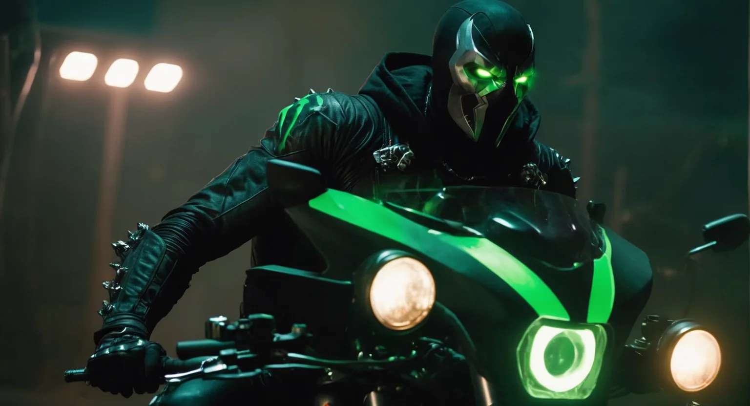 Dark Fantasy Art of (Cinematic Film stock footage style) in (arri alexa style) (Kodak film print style),
 <lora:Spawn:1>
Spawn a man in a black living symbiotic costume suit standing next to a motorcycle with a glowing green eyes, dark, moody, dark fantasy style