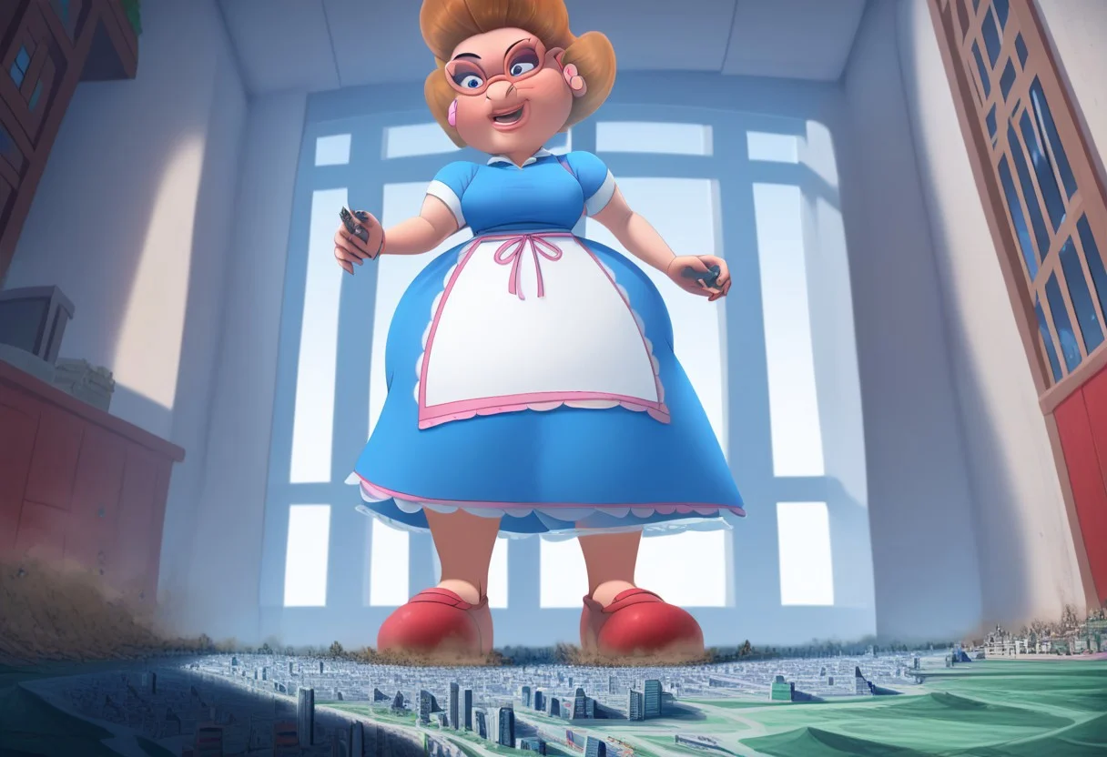 score_9, 1girl, solo,nora_beady, brown hair, earrings, blue dress, glasses, apron, red shoes, full body,high quality, high res, 4k, best anatomy, giantess, facing viewer, under foot pov, standing, hyper hips, from below, city underneath, indoors background.