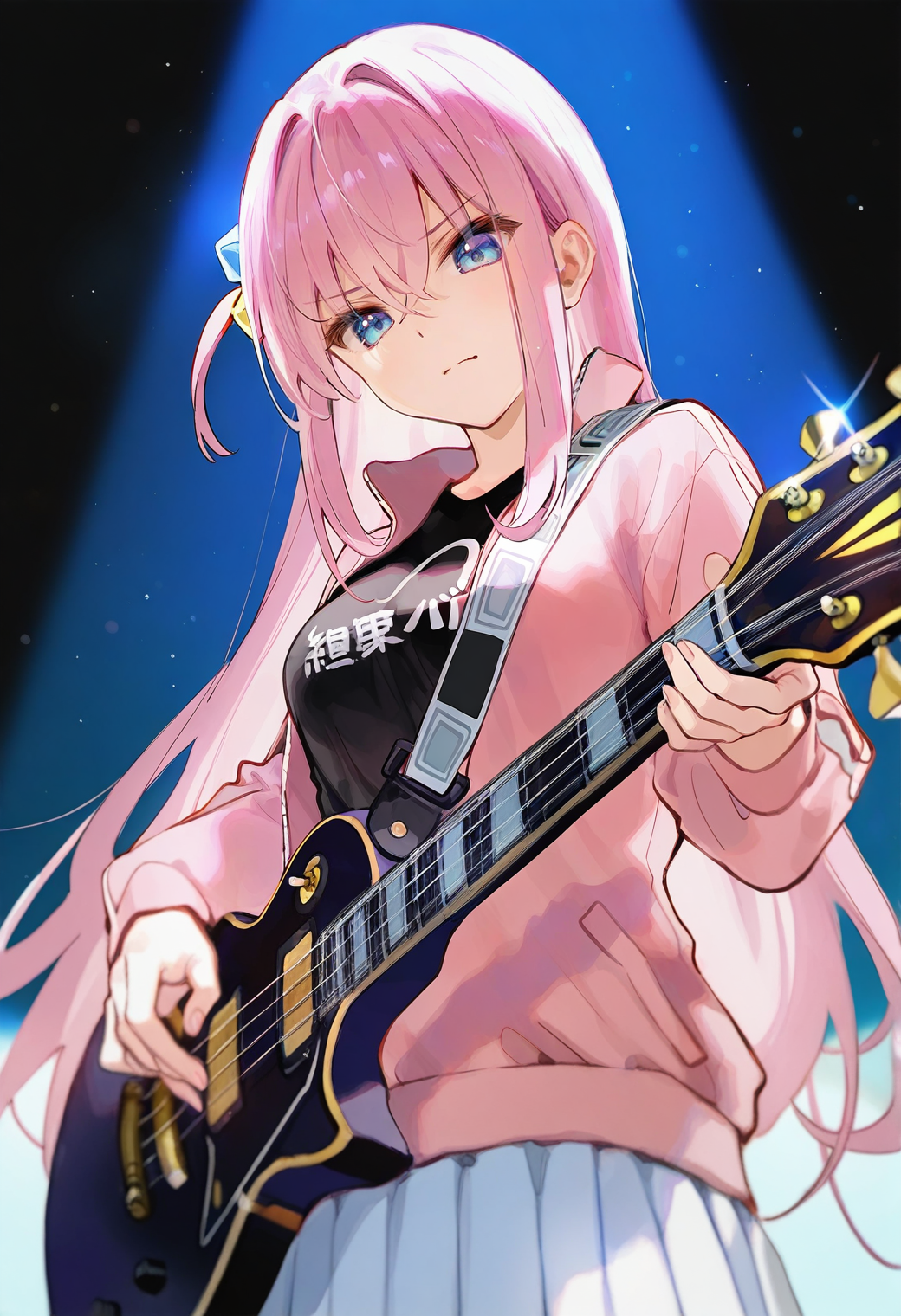 1girl, gotoh hitori, kessoku band, 
(mignon, fuzichoco, yd \(orange maru\)), noyu \(noyu23386566\), ciloranko, (ningen mame:0.9), 
solo, (playing guitar:1.3), (looking down, serious:1.2), (film grain, light particles), (glint, spotlight:1.2), 
cube hair ornament, electric guitar, gibson les paul, grey background, guitar, hair ornament, jacket, long hair, one side up, pink hair, pink jacket, solo, track jacket, upper body, black shirt, black background, eyelashes, skirt, bass guitar, closed mouth, shirt, blurry, open clothes, blue eyes, holding guitar, open jacket, medium breasts, hair between eyes, white skirt, pleated skirt, tsurime, sidelocks, very long hair, long sleeve cuff, 
(masterpiece, best quality, very aesthetic), absurdres, aesthetic, detailed, beautiful color, amazing quality,