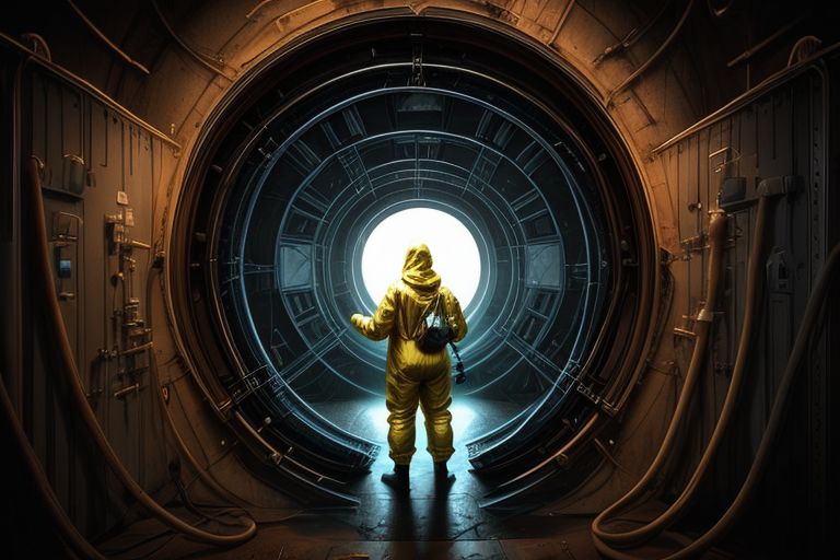 a portal back into 1903, the portal is built in Lawrence Livermore Labs, in a special chamber room monitored by a team of watching scientists.  A man in a hazmat suit approaches the surface of the time portal, where he can see the streets of New York circa 1903, amazing, captivating and amazing moment, 
highly detailed,
