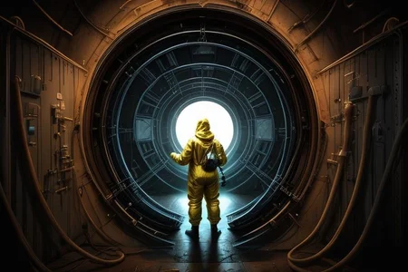 a portal back into 1903, the portal is built in Lawrence Livermore Labs, in a special chamber room monitored by a team of watching scientists. A man in a hazmat suit approaches the surface of the time portal, where he can see the streets of New York circa 1903, amazing, captivating and amazing moment,
highly detailed,