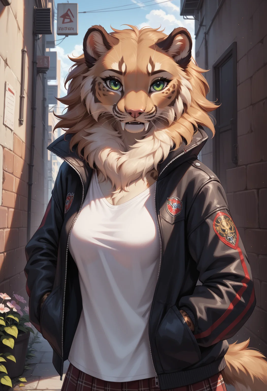 score_9, score_8_up, score_7_up, source_furry, high quality, perfection, detailed, aesthetic, well-lighted,
1girl, solo, upper body,
rural city, alley, early spring,
furry female, anthro, furred body, fluffy fur, beautiful girl, cute girl, adult, youthful, beautiful face,
(sabertooth:1.2), beige fur, spotted fur, medium breasts, (no hair, hairless, bald), fangs, fluffy neck tuft, extra fluffy, short tail, green eyes,
oversized bomber jacket, black sukajan jacket, flowers pattern, white shirt, (untucked shirt:1.2), skirt,
standing, looking at viewer