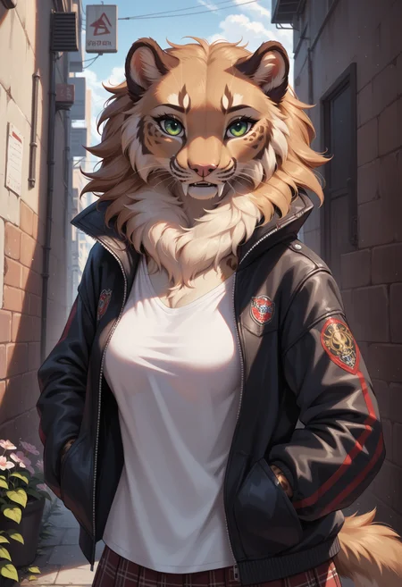 score_9, score_8_up, score_7_up, source_furry, high quality, perfection, detailed, aesthetic, well-lighted,
1girl, solo, upper body,
rural city, alley, early spring,
furry female, anthro, furred body, fluffy fur, beautiful girl, cute girl, adult, youthful, beautiful face,
(sabertooth:1.2), beige fur, spotted fur, medium breasts, (no hair, hairless, bald), fangs, fluffy neck tuft, extra fluffy, short tail, green eyes,
oversized bomber jacket, black sukajan jacket, flowers pattern, white shirt, (untucked shirt:1.2), skirt,
standing, looking at viewer