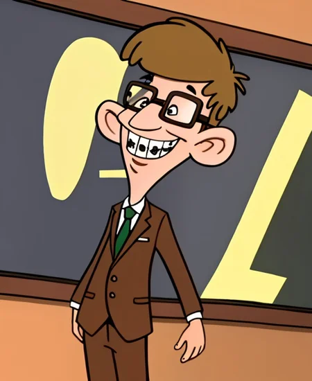 <lora:what_about_mimi-16:0.9>, 1boy, solo, Herbert, brown hair, glasses, smiling,