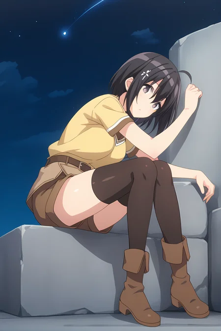 (yellow shirt born skirt brown shorts black thighhighs brown boots belt), bof-maple, black hair, hair ornament, medium breasts, 1girl, solo, skinny, feet, score_9, score_8, score_7, source_anime, , night sky, (1.3::full body|sitting|standing|lying|0.6::close-up| :1.20), <lora:bof-maple-V01-000004:0.70>