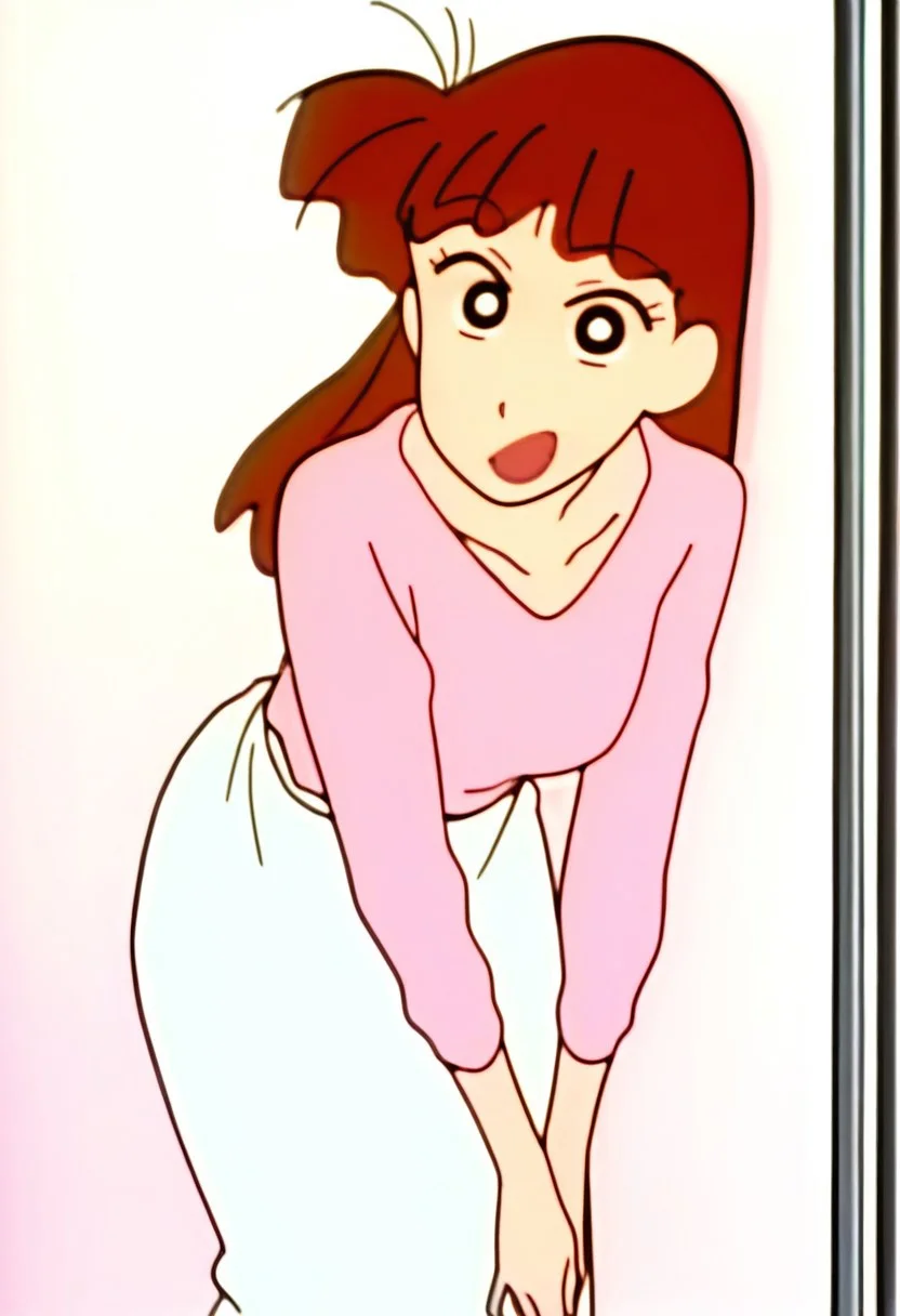 best quality, masterpiece, anime screencap, anime coloring, ultra detailed, source_anime, intricate details, perfect anatomy, looking at viewer, sakurada moeko, long hair, brown hair, black eyes, bang, blunt bangs, 1girl, solo, long sleeves, shirt, pink shirt, pink skirt, long skirt, legs, big smile, open mouth, with both hands extended forward,