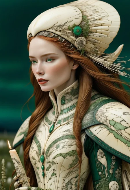 made out of scrimshaw, 1girl, solo, long hair, detailed eyes, natural eyes, very aesthetic, intricate eyes, confident, focused, at night, mascara, beautiful female, detailed, candles, dynamic shot, night, mature woman, bokeh, masterpiece, best quality, amazing quality, absurdres, thick lips, fully dressed, nbn-freyja, gloves, (anatomically correct:1.9), feminine strength, grief, freedom, ritual magic, auburn hair, photorealism, cinematic lighting, high fantasy, mythic portraiture, soft background, northern folklore aesthetic, (cybersuit made out of scrimshaw:1.8), (hat made out of scrimshaw:1.6), natural hands, cyberpunk, futuristic, outdoors, graveyard made out of scrimshaw, (green:2.6).
