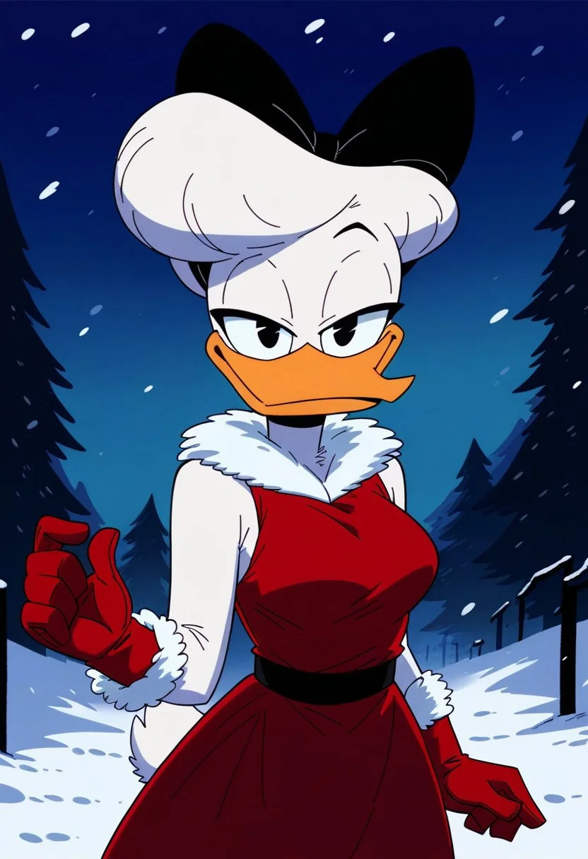 score_9, score_8_up, score_7_up, score_6_up, best quality, highres, source_furry, masterpiece, BREAK ppp BREAK
female, daisy, duck, beak, white skin, white body, white hair, black eyes, breasts, hair bun, centered hair bow,1girl, gloves, furry female, furry, dress, solo, smile, red dress, snow, outdoors,black eyes, fur-trimmed dress, fur-trimmed gloves, snowing, fur trim, breasts, christmas, standing, medium breasts, sleeveless, looking at viewer, tree, sleeveless dress, red gloves, half-closed eyes, happy, closed mouth, pine tree, orange dress
<lora:Drockdraw_Style:0.7>  <lora:Daisy_Duck3:0.9>