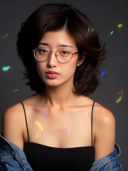 There are wonderful studio lights and various reflections,
18yo beautiful cute girl with blushing and female orgasm.skin naturally showing the texture of blood vessels and detailed pale skin,
--,
<lora:Yamaguchi_Momoe_f1_rank2_bf16:1>,she is Yamaguchi Momoe,
--, The young woman has voluminous, loosely curled dark brown hair that frames her face in a soft, effortless manner. Her skin is medium-toned, with a natural, warm complexion. The large, round glasses she wears have clear lenses and slightly thick frames, adding a vintage, intellectual vibe to her appearance. Her eyes, though partially shadowed by the lighting, convey a mix of introspection and quiet curiosity. Her lips are naturally full, with a subtle hint of color that complements her overall understated, elegant look.ClothingShe is wearing a thin-strapped black camisole, revealing her shoulders, with one side of a denim jacket loosely hanging off, giving a casual and laid-back feel to her outfit. The contrast between the minimalistic black top and the denim jacket adds depth to her style, which is simple yet chic.The colored light patterns across her face, caused by the refraction of light, interact with her features, adding a dreamlike and ethereal quality to the image. The diagonal lines of light highlight certain parts of her face, casting soft shadows and enhancing her facial structure, especially around her cheekbones and jawline.The overall mood she portrays is one of quiet contemplation, as though sheâs lost in thought, blending seamlessly into the artistic, almost surreal environment created by the light play around her., æºå¨äººå½¢è±¡ svenice,