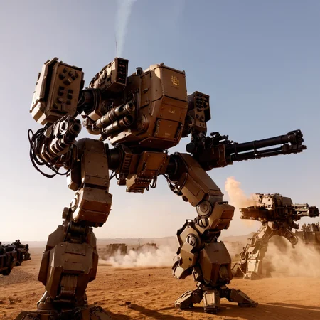 <lora:mecha:1>, mecha, robot, desert, firing, holding, holding gun, holding weapon, sky, outdoors, brown paint, from side, extra arms, gatling gun, from below, radio antenna, 8k, cold light, volumetric lighting, highly detailed, outdoors, size difference, day, battle, smoke