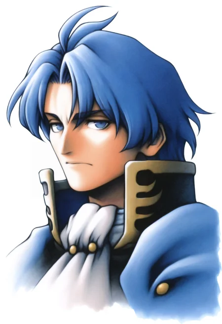 masterpiece, best quality, solo, 1boy, looking at viewer, <lora:FF7-Portraits-illus_Fp:1>, simple background, portrait, white background, <lora:Sigurd-illus_Fp:1>, sigurdfe4, blue eyes, blue hair, short hair, white coat, ascot, collar, armor, blue cape, long sleeves,