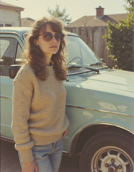 A pretty woman standing next to her new light blue 1985 Ford Escort. She is wearing an oversized sweater and large sunglasses. <lora:retrograde-80s:0.8> retr0grade80s