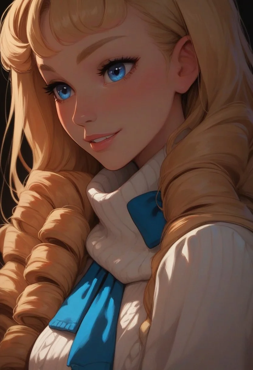 score_9, score_8_up, score_7_up, score_6_up,
1girl, 18yr old Alice in wonderland, perfect face, cute, petite,
Blue eyes,
Blonde long hair, ringlets, blue glowing scarf,
white sweater, long sweater, long sleeves,
Blue layered skirt,
white thighhighs,
Close up, smiling
night, dark
