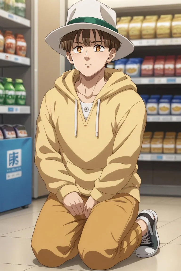 score_9, score_8_up, score_7_up, source_anime, rating_safe, intricate details, anime screencap, , , , depth of field, 1boy, solo, male focus, <lora:nasiens_nnt_mny_pony:0.82>, nasiens_nnt_mny, brown hair, brown eyes, short hair, bangs, hat, full body, store, convenience store, indoors, dark, kneeling, speaking, talking, hoodie,, <lora:sdxl_lightning_8step_lora:1>
