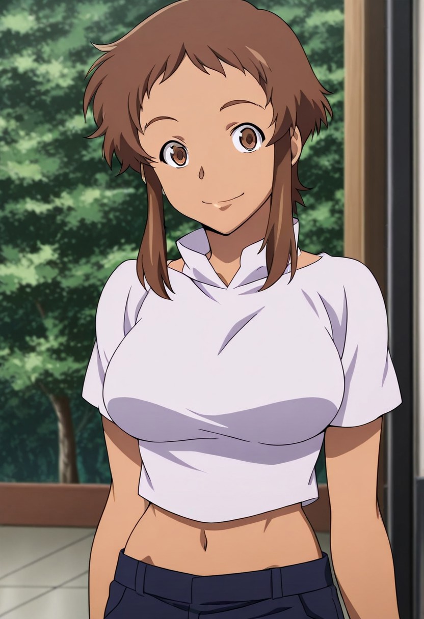 1girl, solo, brown hair, brown eyes, brown eyebrows, looking at viewer, short hair, short hair with long locks, sidelocks, midriff, smile, short hair, light brown skinned body, light skinned female, light brwon skin, anime coloring, blue pants, pants, shirt, white shirt, perfect eyes, perfect eyebrows, navel, midriff, big breasts,