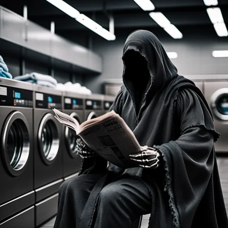TheNazgul1024, a man with no face wears a cape, read newspaper, sitting in a self-service laundry, detailed eyes, highly detailed, photography, ultra sharp, film, bokeh, professional, 4k <lora:add-detail-xl:1.5> <lora:TheNazgul1024:0.8>